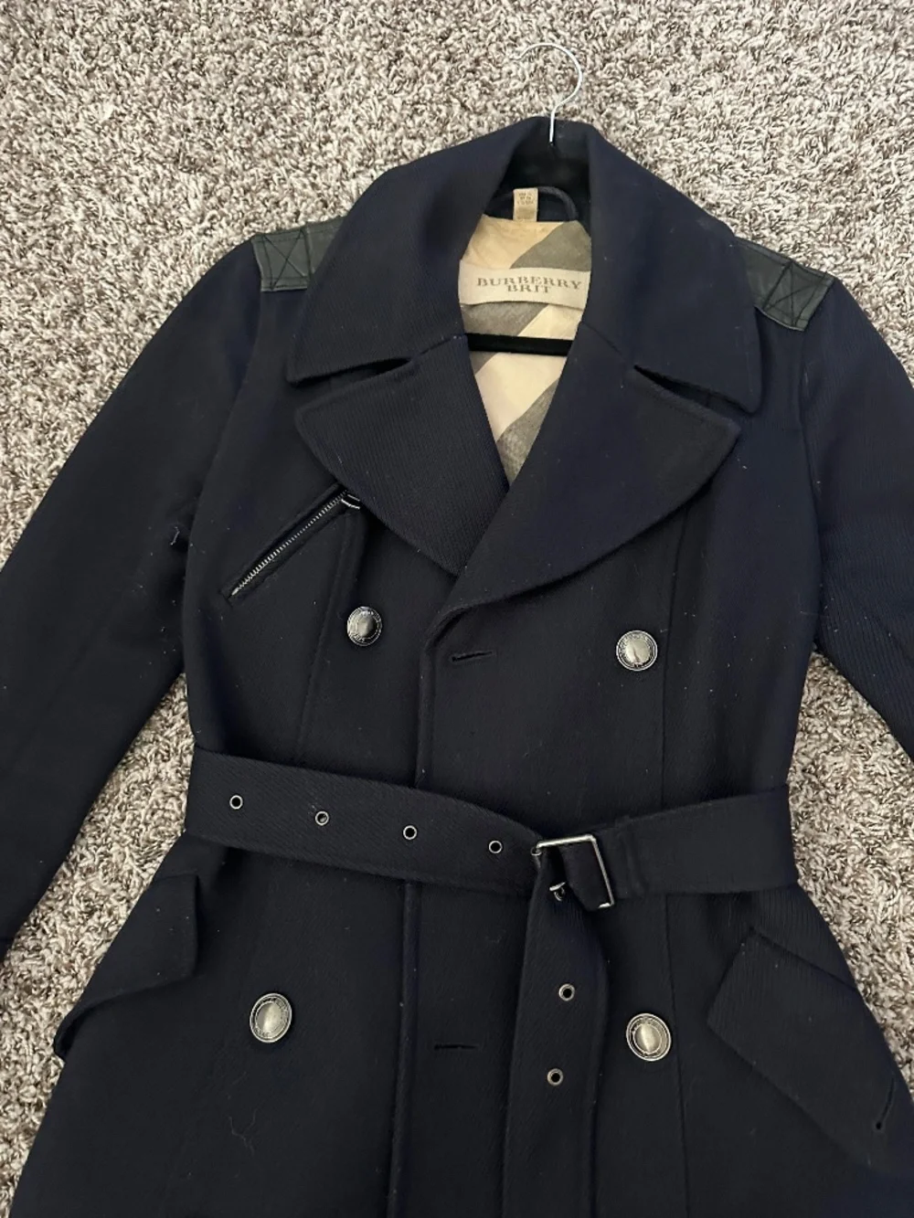 Authentic Burberry Brit Navy Blue Wool & Leather Trench Coat Sz US4 / XS - Picture 6 of 10